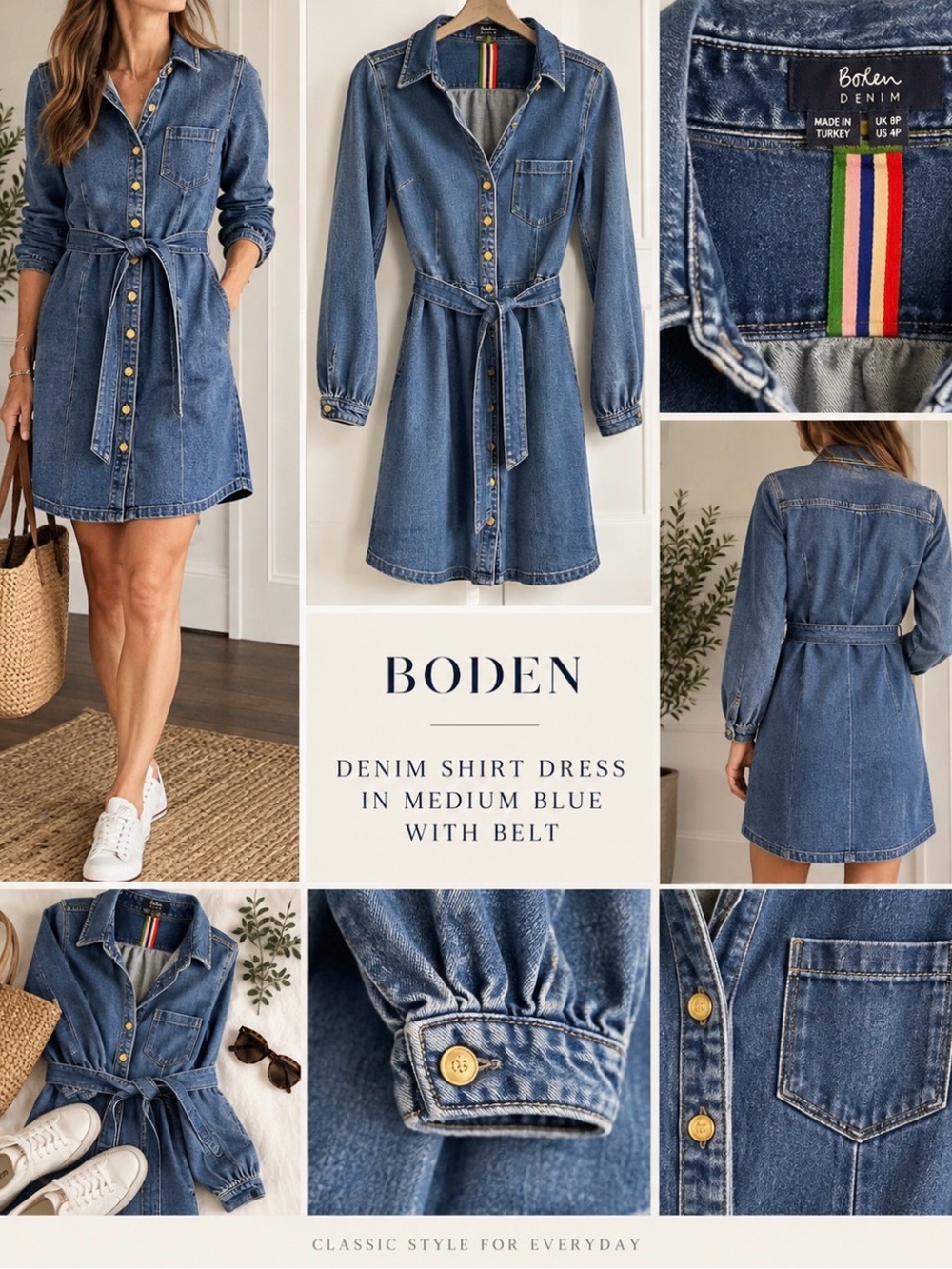 Boden Denim Shirt Dress in Medium Blue with Belt